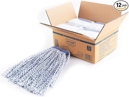 Matthew Cleaning Looped-Open Cotton Wet Mop 1.25'' Universal Headband Heavy Duty Commercial Mop Head Replacement for Indoor&Outdoor Use,Grease Stain Floor Cleaning String Mop Head Refill Pack of 12
