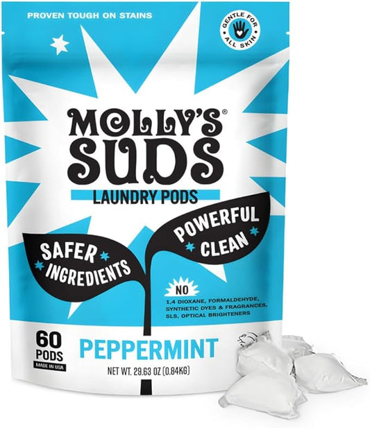 Molly's Suds Laundry Detergent Pods | Clean Detergent for Sensitive Skin | Ultra Concentrated and Stain Fighting | Peppermint - 60 Count