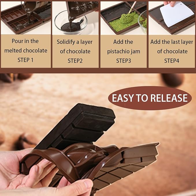 Dubai Chocolate Bar Mold，1 inch Deep Chocolate Mold Kit, Silicone chocolate molds for Filling Pistachio,Granola bar, Protein Energy Bar,Food Grade Candy Molds