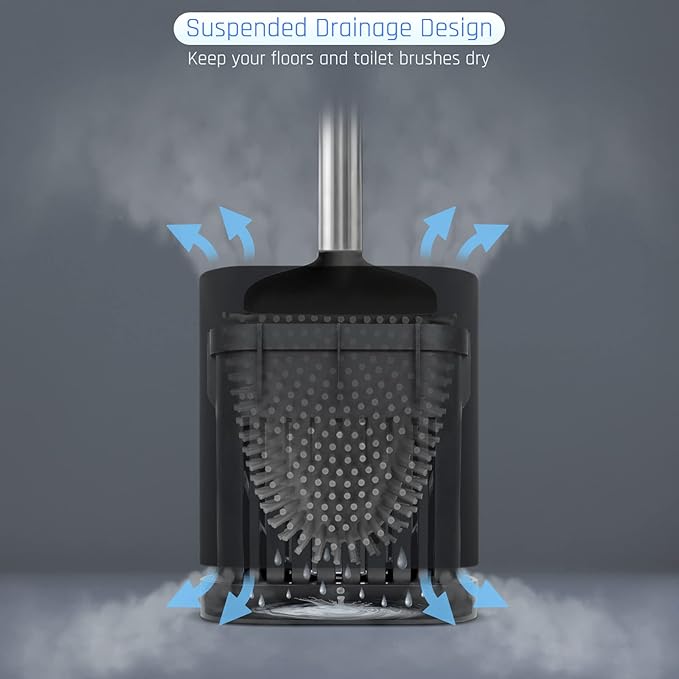 Sellemer Toilet Brush and Holder Set - Flexible Toilet Bowl Brush Head with Silicone Bristles, Compact Size for Storage and Organization, Ventilation Slots Base (1 Pack, Black)