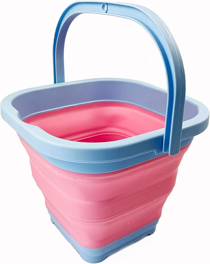 SAMMART Collapsible Rectangular Cleaning Bucket 5L (1.3 Gallon)- Foldable Camping Beach Sand Water Pot Pail- Portable Space Saving Tub for Household, Outdoor Car Washing (Cool Blue/Maglia Rosa)