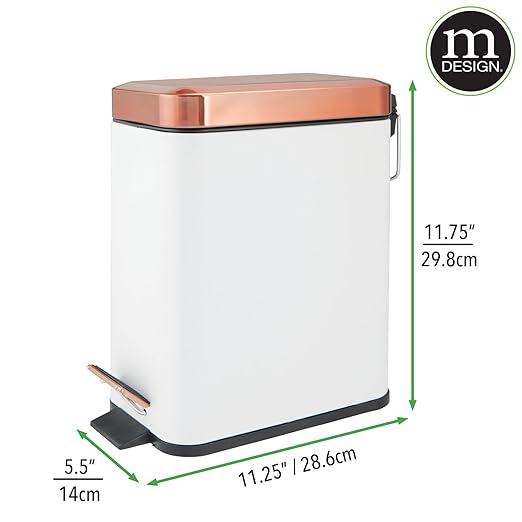 mDesign Small Modern 1.3 Gallon Rectangle Metal Lidded Step Trash Can, Compact Garbage Bin with Removable Liner Bucket and Handle for Bathroom, Kitchen, Craft Room, Office, Garage - White/Rose Gold