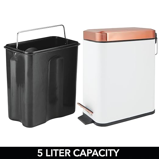 mDesign Small Modern 1.3 Gallon Rectangle Metal Lidded Step Trash Can, Compact Garbage Bin with Removable Liner Bucket and Handle for Bathroom, Kitchen, Craft Room, Office, Garage - White/Rose Gold