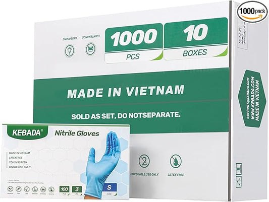 Kebada Nitrile Gloves D1, Nitrile Disposable Gloves for Cleaning, Food Prep, Industrial Grade, Non-Sterile, Food Safe, Powder & Latex Free, Touchscreen, Blue, 1000 CT, Small (Made in Vietnam)
