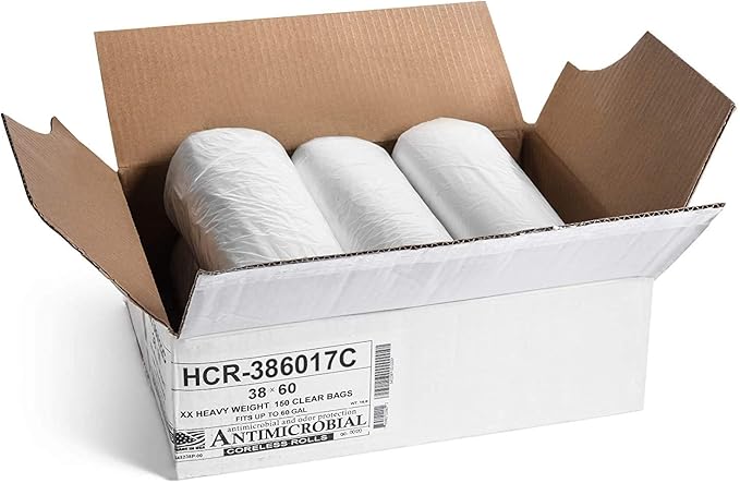 Aluf Plastics High Density Trash Bags, 60 Gallon, 150 Count, 17 Micron (eq), 38" x 60", Clear, for Bathroom, Office, Industrial, Commercial, Janitorial, Municipal, Recycling