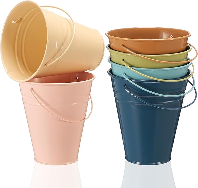 Sadnyy 6 Pack Colored Small Metal Buckets with Handle, 4.5 x 5.1 Inch Mini Galvanized Tin Bucket for Back to School Classrooms Crafts Pencil Holder Boho Wedding Birthday Party Favor Decoration