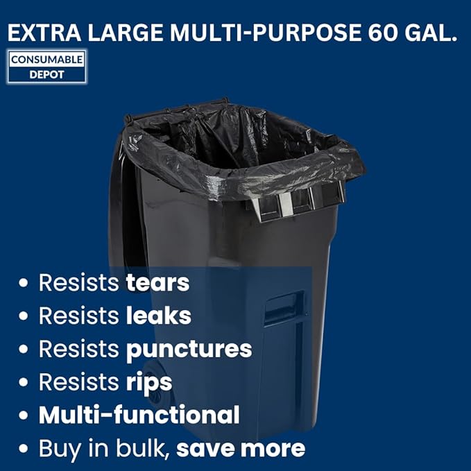 60 Gal Trash Bags | 200 Count | 38" X 60" Black Extra-Large Garbage Bags for Outdoor Use