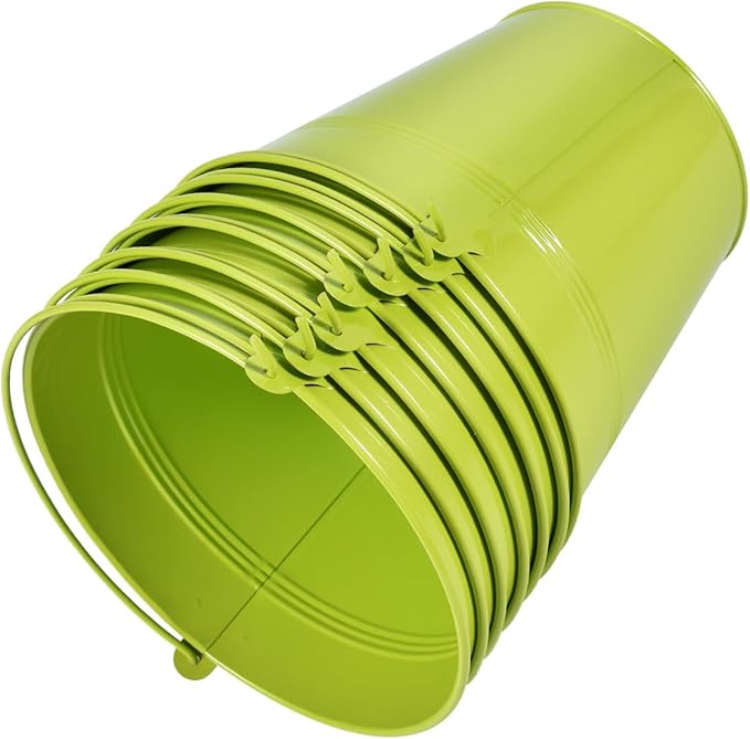 OBTANIM 7 Pack Green Metal Buckets with Handle Galvanized Ice Pails for Plants, Succulents, Party Favors Organizing, Rustic Home Decor or Classrooms Pencil Storage (6 x 4.4 inch)
