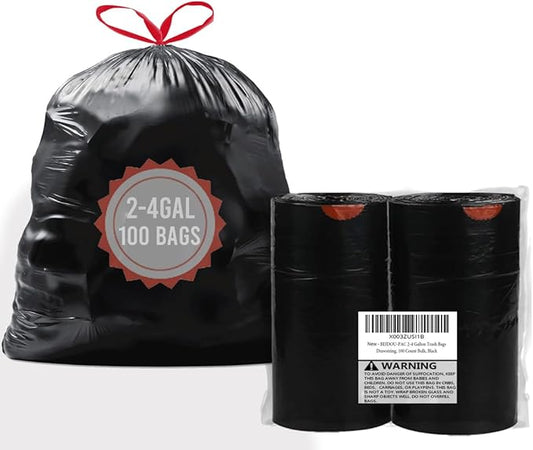 2-4 Gallon Trash Bags Drawstring, 100 Count Bulk, Black & Unscented Small Multi-purpose Garbage Bags for Business Home Bathroom Kitchen Commercial and Industrial