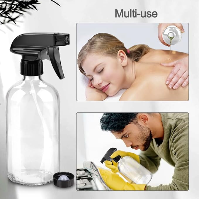 Glass Spray Bottles, 16oz Clear Glass Spray Bottles with Labels & Adjustable Nozzle, Reusable Containers for Cleaning, BBQ, Food, Plants, Alcohol, Essential Oils(3 Pack)