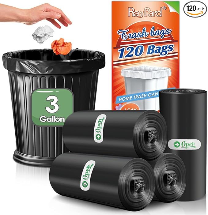 3 Gallon 120 Counts (fit 2.6-3.3 Gal) Small Trash Bags Garbage Bags by RayPard, 10-12 Liter Waste Basket Liner Fit 2.6,3.1,3.2,3.3 Gal Trash Can for Home Office Kitchen Bathroom Bedroom, Black