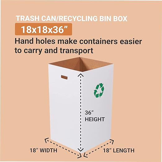 BOX USA Cardboard Trash Cans and Recycling Bins, 50 Gallon 18" L x 18" W x 36" H (10-Pack) Reusable or Disposable Pop Up Garbage Boxes for Parties, Outdoor Events, Heavy Duty, Recycle