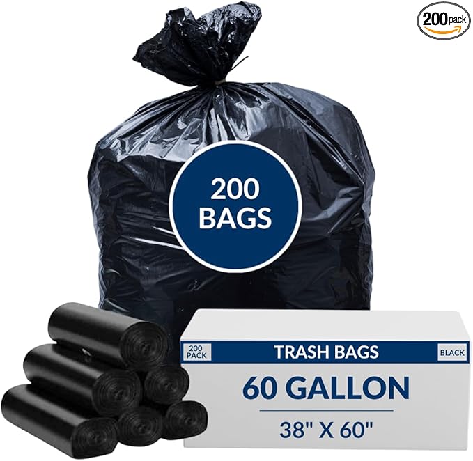 60 Gal Trash Bags | 200 Count | 38" X 60" Black Extra-Large Garbage Bags for Outdoor Use