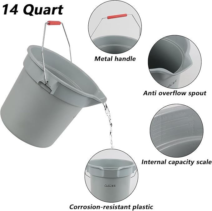 Vcansay 4 Packs Round Bucket with Spout, 14-Quart Cleaning Bucket Plastic, Grey