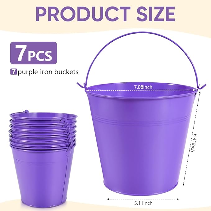 OBTANIM 7 Pack Purple Metal Buckets with Handle Galvanized Ice Pails for Plants, Succulents, Party Favors Organizing, Rustic Home Decor or Classrooms Pencil Storage (7.1 x 5.2 inch)