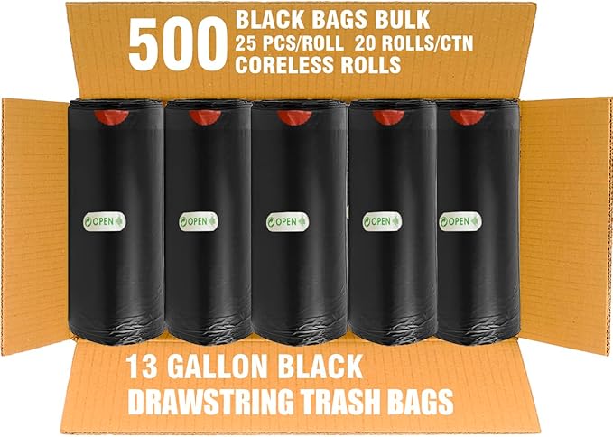 13 Gallon Trash Bags Drawstring, 500 Count Bulk Value Pack, Black & Unscented Garbage Bags, Multi-purpose Tall Kitchen Trash Bags Can Liners for Business Home Commercial and Industrial