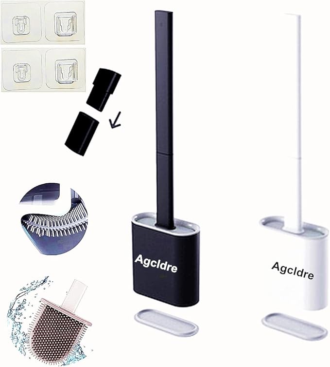 Toilet Brush with Holder Silicone Toilet Brush and Cleaning Brush for Household Bathroom Toliet Brush Set (White,Black)