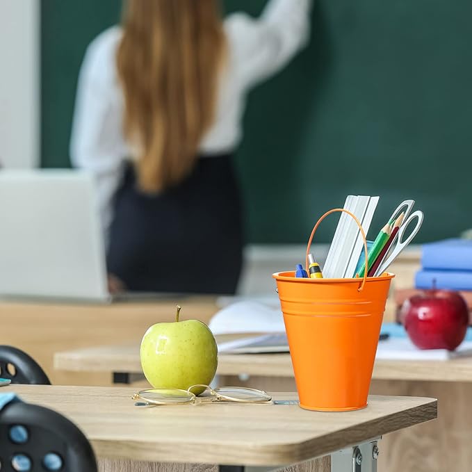 Sadnyy 6 Pack Galvanized Bucket, 5" Metal Bucket with Handles, Metal Buckets and Pails, Kids Party Supplies, Toy Container Table Centerpiece Decoration(Orange)