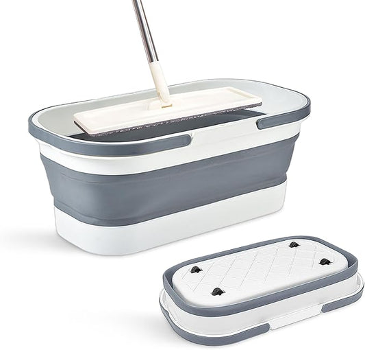 Collapsible Bucket with Wheels 14L (3.7 Gallon) - Versatile and Durable for House Cleaning, Camping, and RV - Convenient Rectangular Mop Cleaning Basket - Lightweight & Compact (14L-Grey)