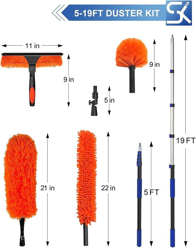 26 Foot High Reach Duster Kit with 5-19 ft Telescoping Extension Pole, High Ceiling Duster, Cobweb Duster, Window Squeegee, Feather Duster, Outdoor & Indoor Extendable Duster Cleaning Kit