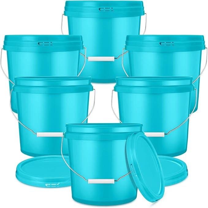 6 Pack 2 Gallon Plastic Bucket with Lid Heavy Duty Pail with Metal Handle Reusable Small Multipurpose Paint Buckets Container for Food Storage(Sky Blue)