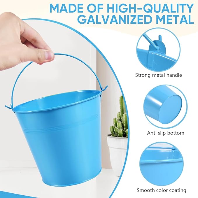 OBTANIM 7 Pack Blue Metal Buckets with Handle Galvanized Ice Pails for Plants, Succulents, Party Favors Organizing, Rustic Home Decor or Classrooms Pencil Storage (6 x 4.4 inch)