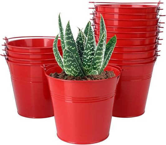 15 Pack 5.1" Red Metal Bucket, Elegant Galvanized Buckets with Handles, Tin Buckets, Small Iron Bucket, Metal Pail for Party Favors, Crafts, Garden & Beach