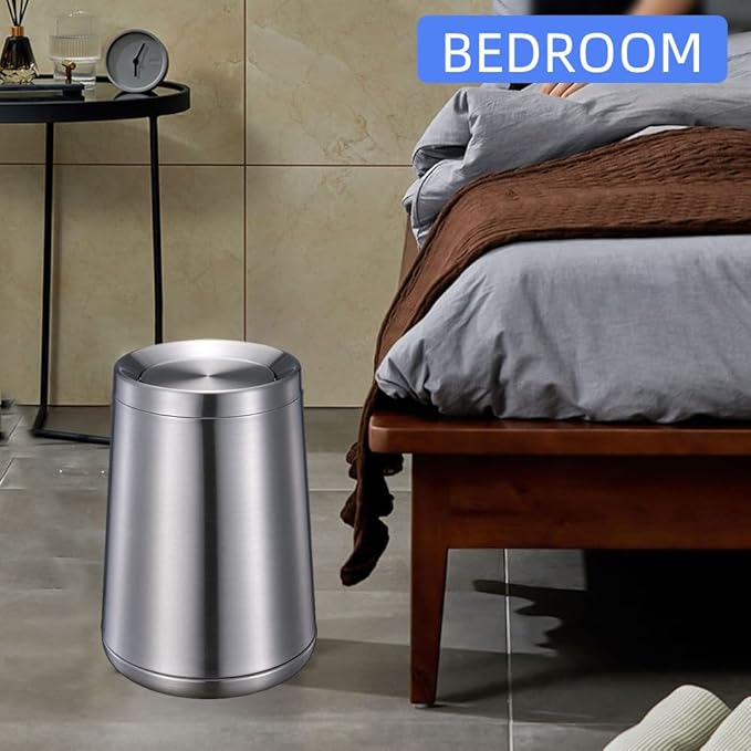 Household Swing Bathroom Trash Can，Brushed Stainless Steel，10 L/3 Gallen，Garbage Can with Flipping Lid， for Indoor or Commercial Use, Kitchen,Modern，Living Room,Bedroom