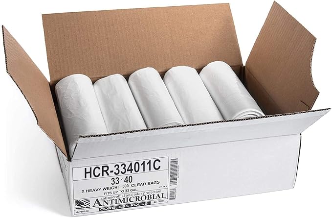 Aluf Plastics High Density Trash Bags, 33 Gallon, 500 Count, 11 Micron (eq), 33" x 40", Clear, for Bathroom, Office, Industrial, Commercial, Janitorial, Municipal, Recycling