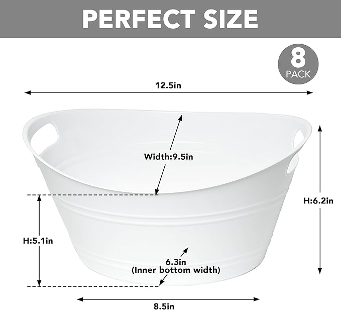 Tiawudi 8 Pack Ice Buckets with Handles, Ice Drink Tub for Party & Bar, Wine Beer Champagne Beverage Bottle Cooler, Plastic Storage Tub, Oval Storage Basket for Home, 4.5 Liter Each, White