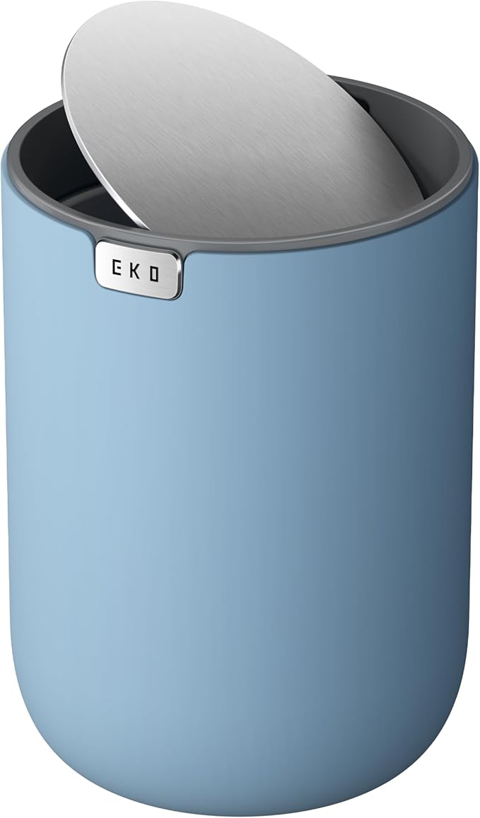 EKO Fandy 0.58 Gal/2.2L Mini Trash Can with Lid, Swing-Top Desktop Trash Can for Bathroom, Countertop, Vanity, Desk or Office, Small Garbage Bin (Blue)