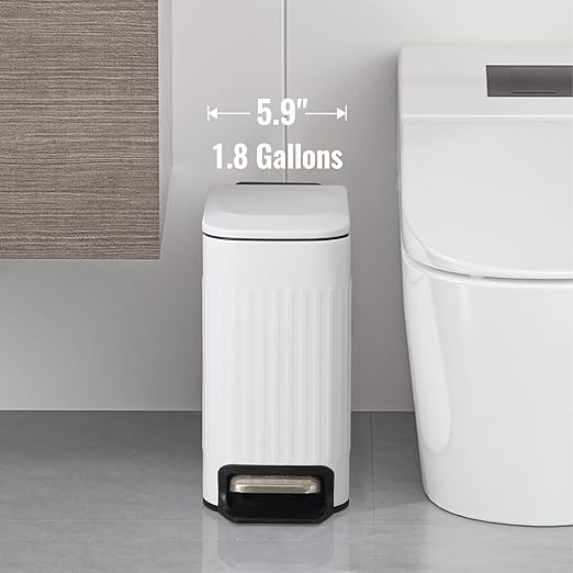 Slim Bathroom Trash Can with Lid Soft Close, Stainless Steel Garbage Can Step Trash Bin with Removable Inner Bucket for Bedroom, Office, Kitchen (Matt White, 1.8 Gallons)