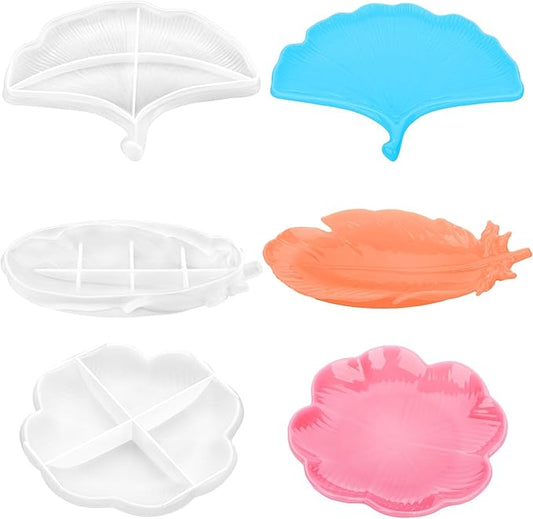 Gartful 3 Pieces Tray Resin Molds, Silicone Jewelry Dish Molds, Storage Container Epoxy Resin Casting Molds for Jewelry Ring Holders, Soap Dish, Candle Holder, 3 Large Tray(Feather&Flower&Ginkgo leaf)
