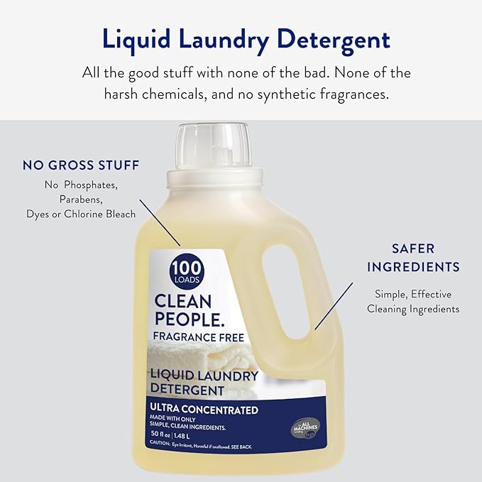 The Clean People Liquid Laundry Detergent - Recyclable Packaging, Stain Fighting - Ultra Concentrated, Laundry Soap - Fragrance Free, 50 fl oz (2 Pack)