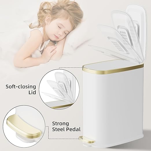 KUK Small Bathroom Trash Can with Lid Soft Close, Step Pedal, 2.4 Gal Stainless Steel Garbage Can with Removable Inner Bucket, Anti-Fingerprint Wastebasket for Office, Bedroom, Toilet (White)