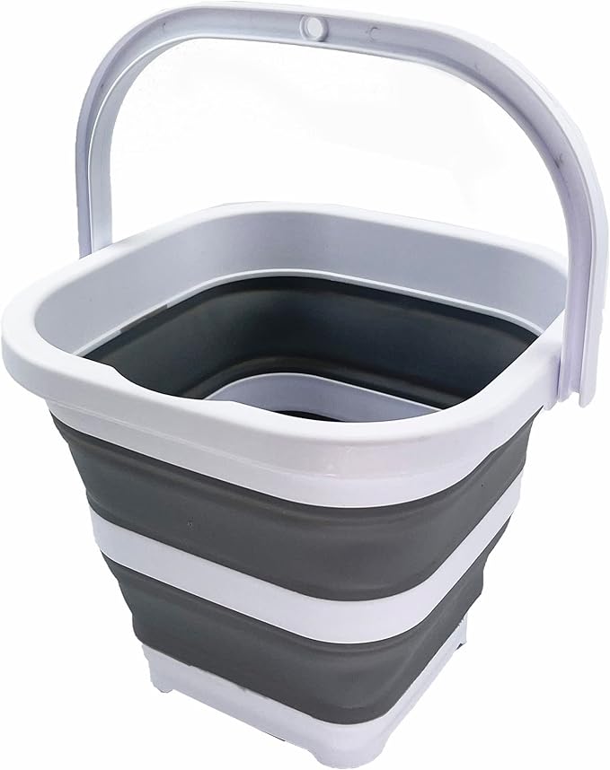 SAMMART Collapsible Rectangular Cleaning Bucket 5L (1.3 Gallon)- Foldable Camping Beach Sand Water Pot Pail- Portable Space Saving Tub for Household, Outdoor Car Washing (White/Grey)
