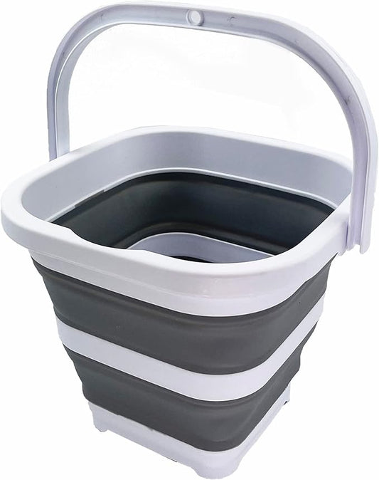 SAMMART Collapsible Rectangular Cleaning Bucket 5L (1.3 Gallon)- Foldable Camping Beach Sand Water Pot Pail- Portable Space Saving Tub for Household, Outdoor Car Washing (White/Grey)