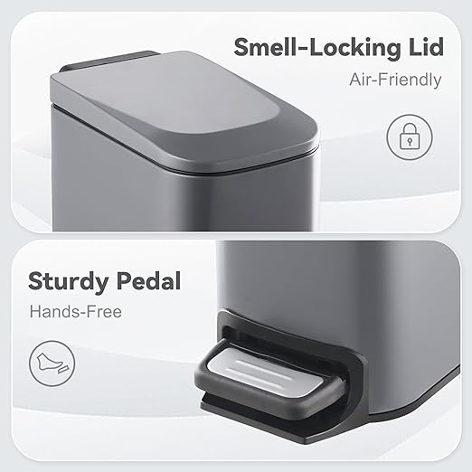 ELPHECO Bathroom Trash Can with Lid Soft Close 1.8 Gallon / 6.8 Liter Stainless Steel Garbage Can Slim Step with Removable Bucket for Bathroom, Office, Bedroom, Matte Grey