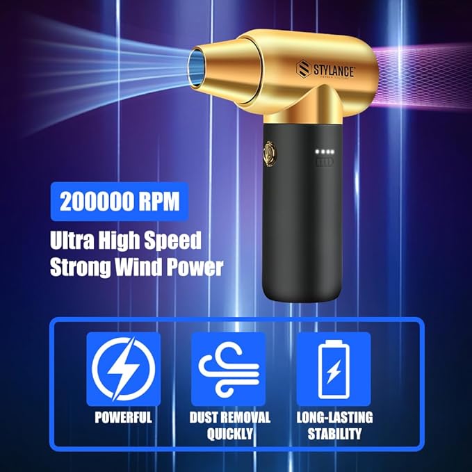 Compressed Air Duster - Barber Blower, Electric Duster, 3 Gear Mini Portable Jet Dry Air Blower, Cordless Vacuum Cleaner, for PC, Office,Salon, Fan, Laptop, Keyboard, Car (Gold)