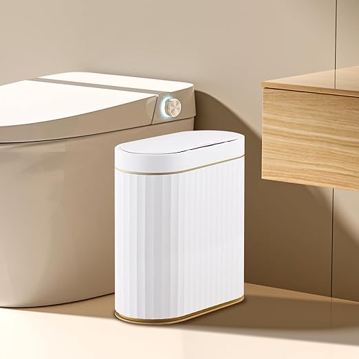 ELPHECO Bathroom Trash Can with lid 2.5 Gallon Waterproof Motion Sensor Wastebasket, Automatic Trash Bin Bathroom Decor for Bedroom and Office White with Golden Trim