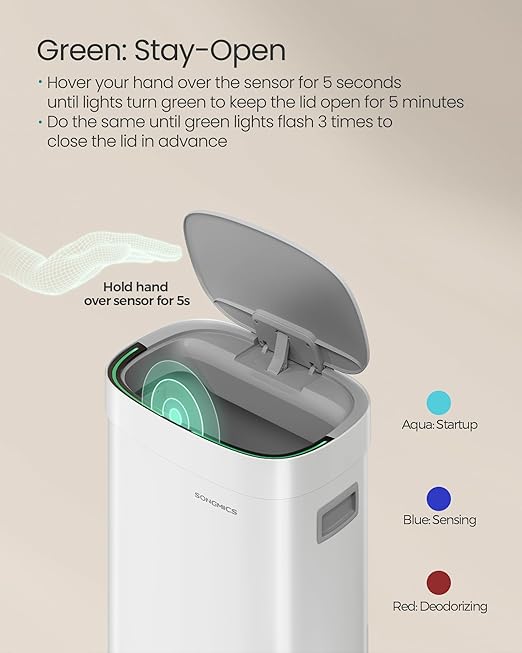 SONGMICS Kitchen Trash Can, 17.2-Gallon (65 L) Motion Sensor Garbage Can, Stainless Steel Trash Bin, Ozone Odor Control, Stay-Open, Cloud White ULTB660W01