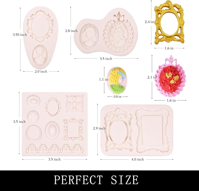 Frame Molds Fondant Silicone, 4 Packs Photo Frame Baroque Vintage Jewel Silicone Chocolate Molds, for Cake Mirror Frames Decoration, Cupcake Toppers, Resin Clay Sugar Gum Paste Polymer