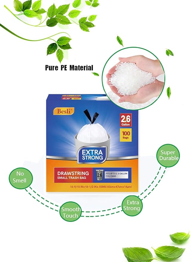 Besli 2.6 Gallon Drawstring Trash Bag Small Garbage Bag,100 Counts (White, 2.6 Gallon)