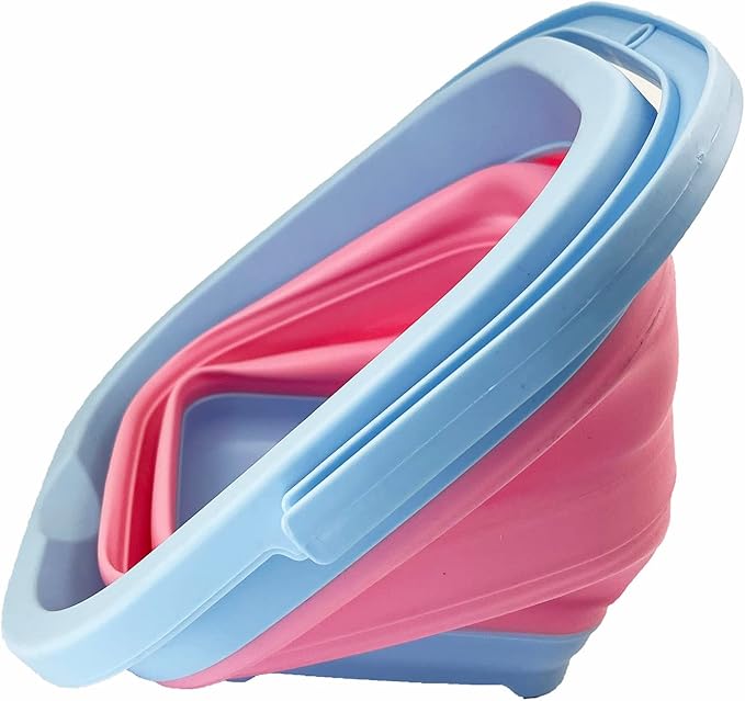 SAMMART Collapsible Rectangular Cleaning Bucket 5L (1.3 Gallon)- Foldable Camping Beach Sand Water Pot Pail- Portable Space Saving Tub for Household, Outdoor Car Washing (Cool Blue/Maglia Rosa)