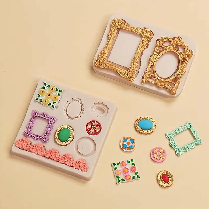 Frame Molds Fondant Silicone, 4 Packs Photo Frame Baroque Vintage Jewel Silicone Chocolate Molds, for Cake Mirror Frames Decoration, Cupcake Toppers, Resin Clay Sugar Gum Paste Polymer