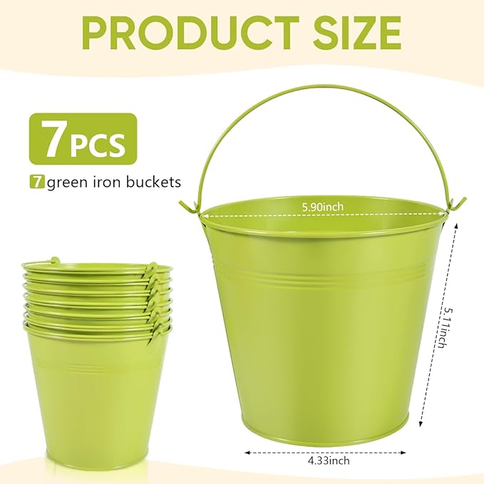 OBTANIM 7 Pack Green Metal Buckets with Handle Galvanized Ice Pails for Plants, Succulents, Party Favors Organizing, Rustic Home Decor or Classrooms Pencil Storage (6 x 4.4 inch)