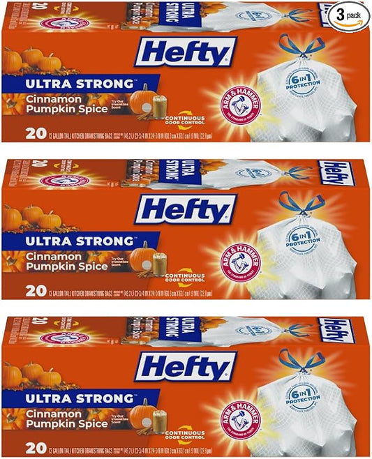 Hefty Ultra Strong Tall Kitchen Trash Bags, Cinnamon Pumpkin Spice Scent, 13 Gallon, 20 Count (Pack of 3)