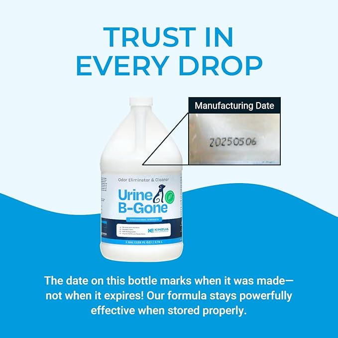 KINZUA ENVIRONMENTAL Urine B-Gone, Professional Enzyme Odor Eliminator & Pet Stain Remover, Human, Cat & Dog Urine Cleaner, Effective on Laundry, Carpets & More, Original Scent, 1 Gallon