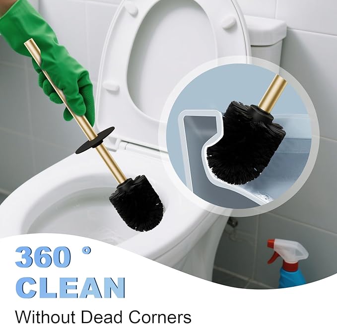 Toilet Brush and Holder Set, NEWRAIN 304 Stainless Steel Toilet Brush with Long Brush Handle, Brushed Gold Toilet Scrubber and Covered Holder, Round Design Sturdy and Space Saving, Covered Brush