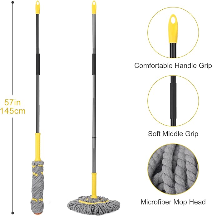 Self Wringing Twist Mop, Wet Mop for Floor Cleaning with 57 " Long Handle, Heavy Duty Floor Mop for Hardwood Vinyl Tile Marble Laminate Home Office Kitchen, Gray